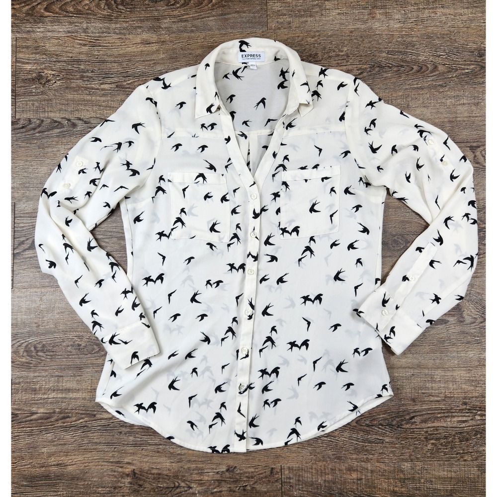 Express The Portofino Shirt Womens Small Ivory Black Bird Print Button Down